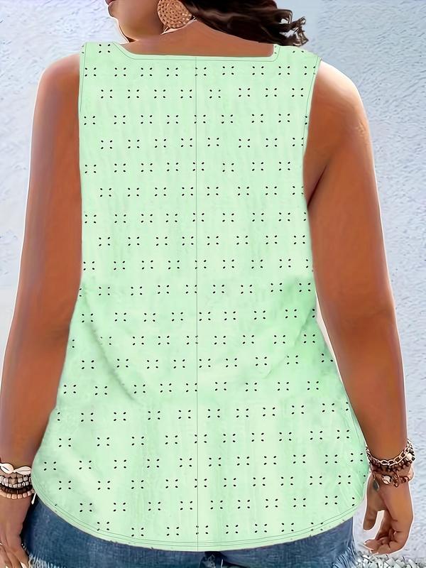 Plus Size Eyelet Embroidery Hollow Out Metal Decor Slim-fit Tank Top, Casual Sleeveless Top for Summer, Women's Plus Clothing for Daily Wear, Cute Summer Tops 5
