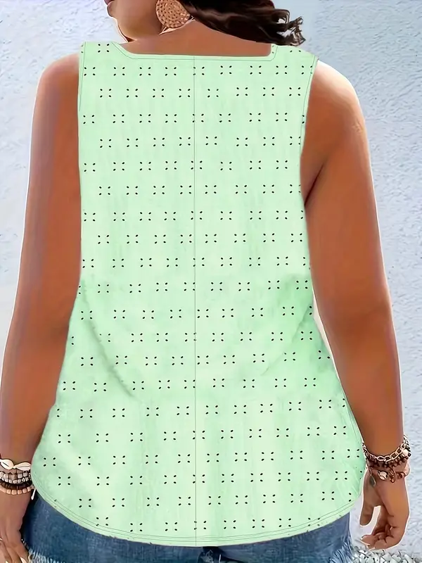Plus Size Eyelet Embroidery Hollow Out Metal Decor Slim-fit Tank Top, Casual Sleeveless Top for Summer, Women's Plus Clothing for Daily Wear, Cute Summer Tops 5