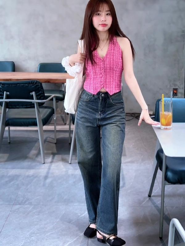 Quần Jean Suông Trơn Basic Nữ Cạp Cao Leda Nấm Lùn 95cm