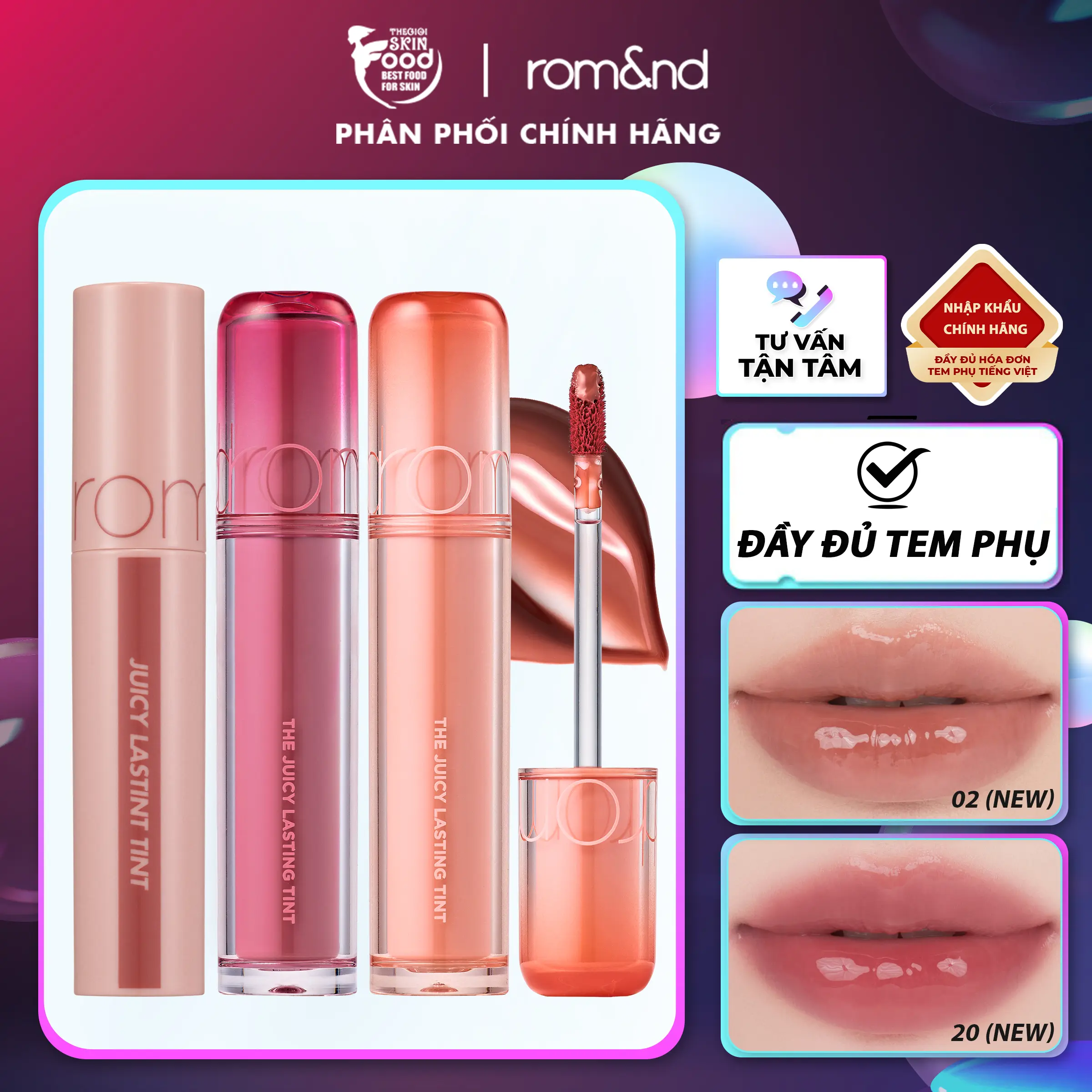 [Màu 1-39] Son Môi Tint Bóng Trang Điểm Hàn Quốc Romand The Juicy Lasting Tint Cosmetic Mỹ Phẩm Son Tint