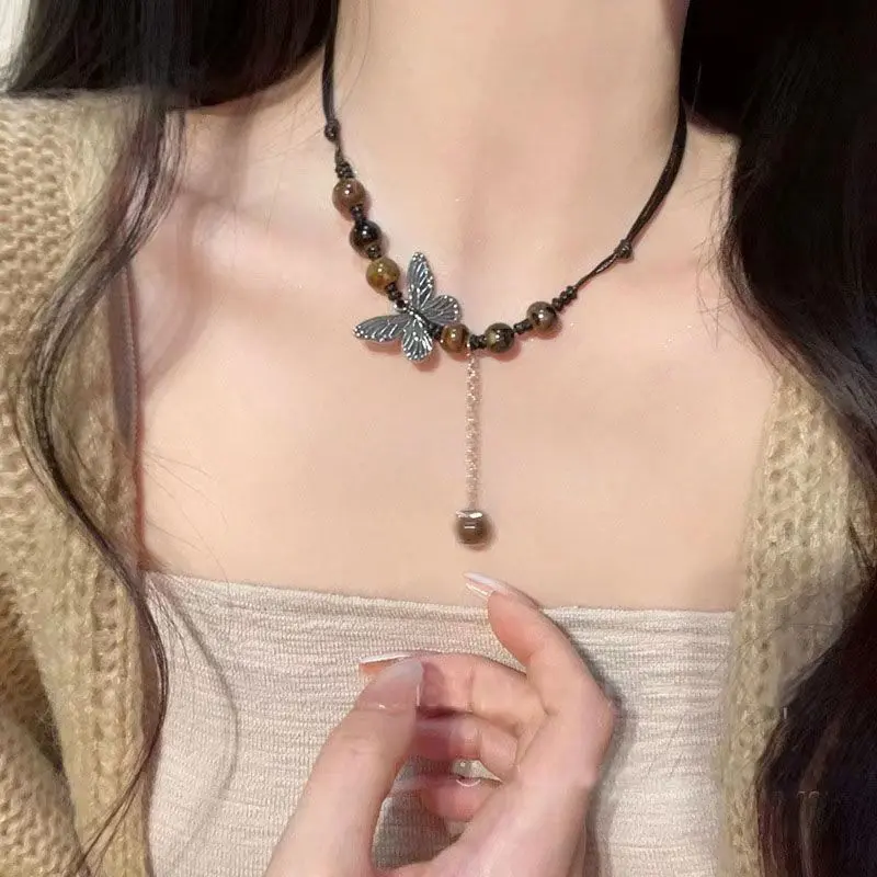 Vintage Ethnic Bell Pendant Butterfly Ceramic Necklace Trendy Long Sweater Chain Accessories