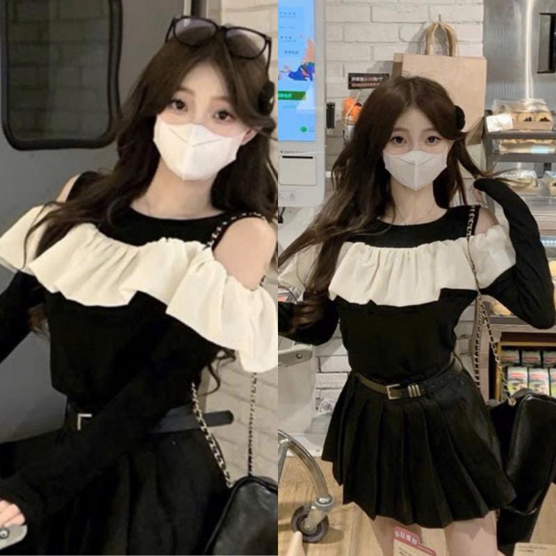 Áo kiểu bẹt vai phối bèo voan hở vai đen chất thun lụa gân đen xinh VANISA CT119