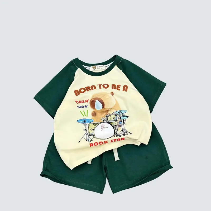 Bộ cotton mềm gấu xanh  cộc tay cho bé 0