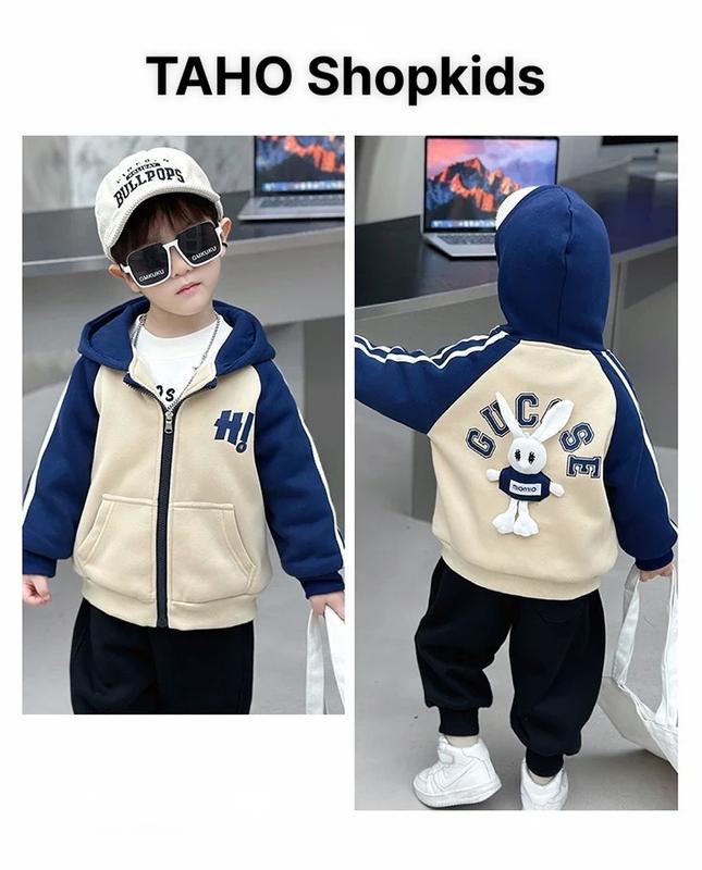 Áo Khoác Bé Trai [ Freeship ] - Áo Khoác Nỉ Cho Bé Nón 2 Lớp In Hình Thỏ TAHO Tuổi Từ 5-14.