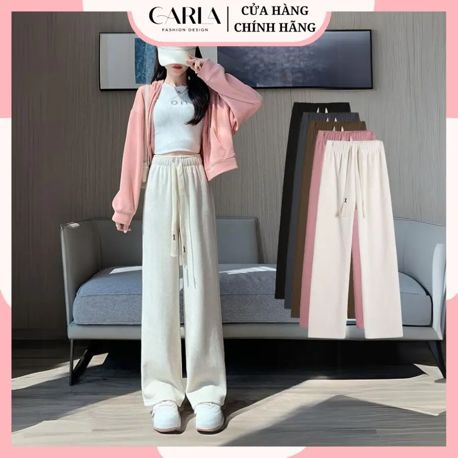 Quần Tăm Suông Ống Rộng Nữ Lót Lông Có Dây Rút Co Giãn Dáng Dài Mịn Mát Phong Cách Hàn Quốc Carla Women Màu Hồng Women Màu Hồng