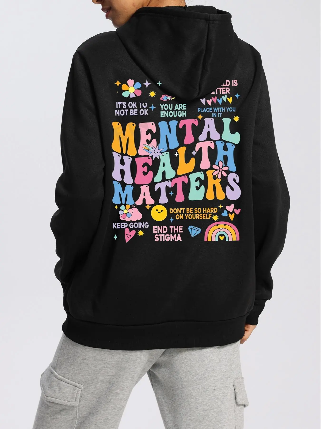 Women's Letter & Cartoon Print Drawstring Pocket Hoodie, Fashion Casual Long Sleeve Hooded Sweatshirt for Daily Holiday Outdoor Wear, Women Clothing for Fall & Winter