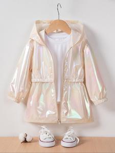 Toddler Girl's Zip Up Holographic Trench Coat, Casual Long Sleeve Hooded Coat for Spring & Fall, Kids Outerwear for Daily Wear