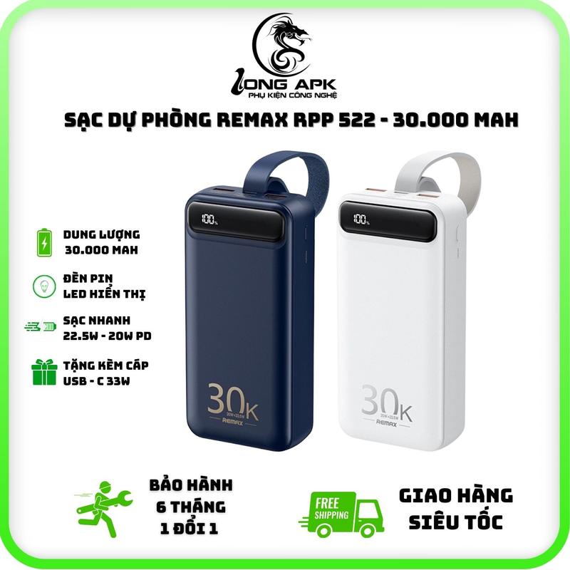 có CCC Pin sạc dự phòng Remax RPP 522 30.000 mah sạc nhanh Mua 1 tặng 1 cáp USB - C Sạc Điện Thoại Pin Dự Phòng sạcnhanh 30000mah