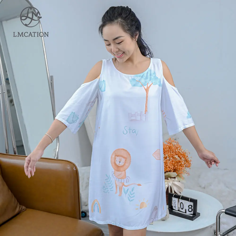Đầm mặc nhà khoét vai LMcation Tencel - Hoa văn Nữ Voan