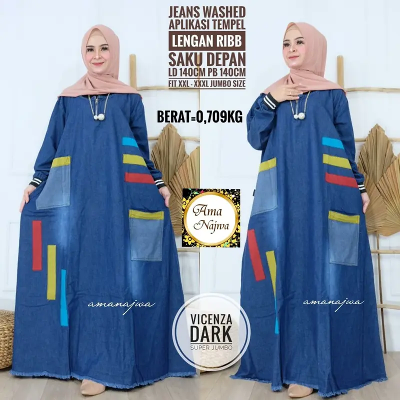 Gamis Jeans Wanita Muslim Panjang Terbaru dan Trendy Ld 140 cm Pb 140 cm Jumbo Size Zipper Depan Bawah Rawis Lengan Ribb Aplikasi Tempel Best Seller Recommended Fit High 1