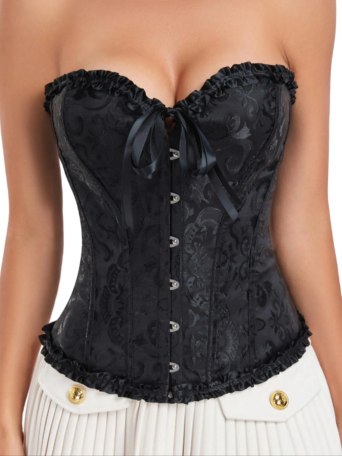 Women's Floral Jacquard Lace Up Shapewear Top, Tied Hook Front Frill Trim Corset Tube Top, Tummy Control Shaper for Women, Tall Clothing Women