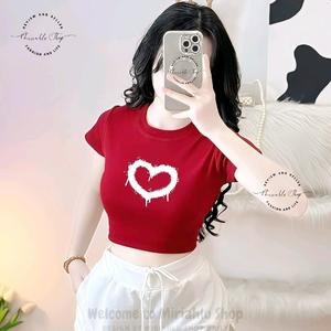 Áo Thun Croptop Borip Ôm Body Nữ Form Basic Cổ Tròn Tay Ngắn In Hình Tim Sầu, Kích Cở S M L, Áo Croptop Nữ