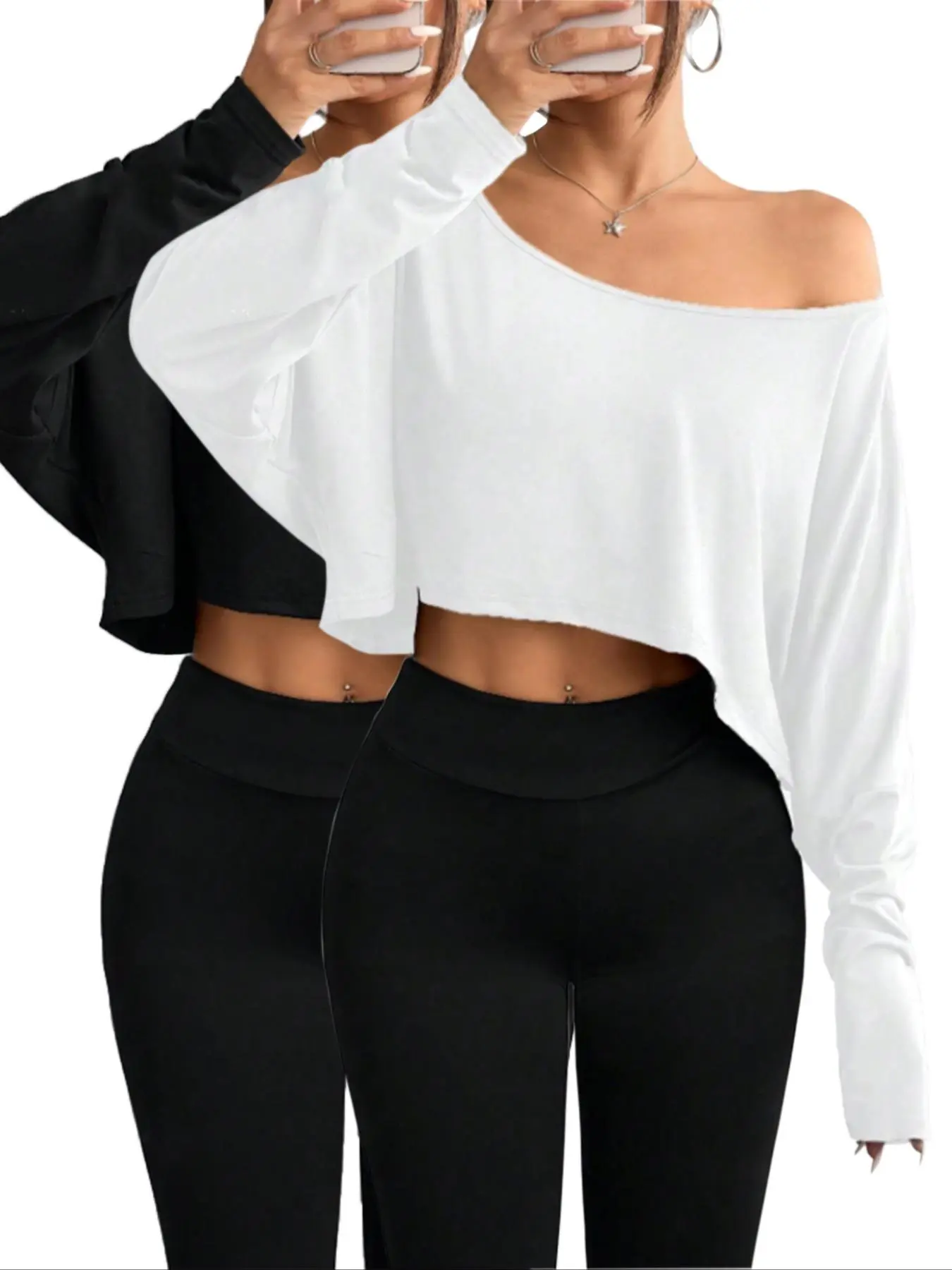 Women's Solid Off Shoulder Tee, Casual Long Sleeve Crop Top for Daily Holiday Outdoor Wear, Ladies Clothes for All Seasons, T Shirts for Women, Go Out Tops
