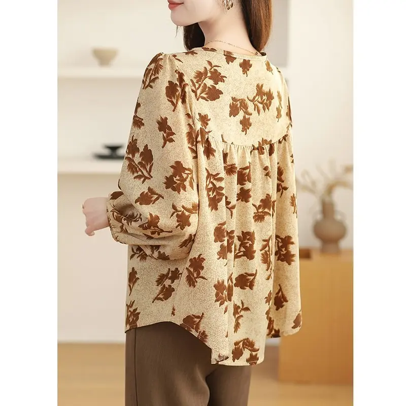 New Fashion High Quality Fabrics Loose 3/4 Sleeve Khaki Thailand Women Blouse Casual Travel Work Top Wanita Panjang Atasan 8