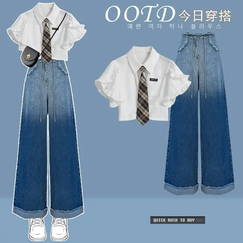 Quần Áo Nữ Ngoại Cỡ Bộ Đồ Mùa Xuân, Áo Sơ Mi Ngắn Tay Mỏng Bỏ Túm, Quần Jean, Phong Cách Phương Tây, Bộ Đồ Hai Mảnh, Hợp Xu hướng, Xu Hướng Năm 2024