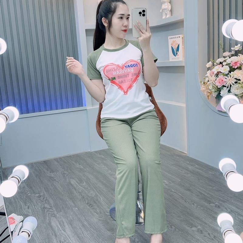 Sét Bộ Nữ In Hình Trái Tim Chất Thun Tăm Co Giãn Thoải Mái 2