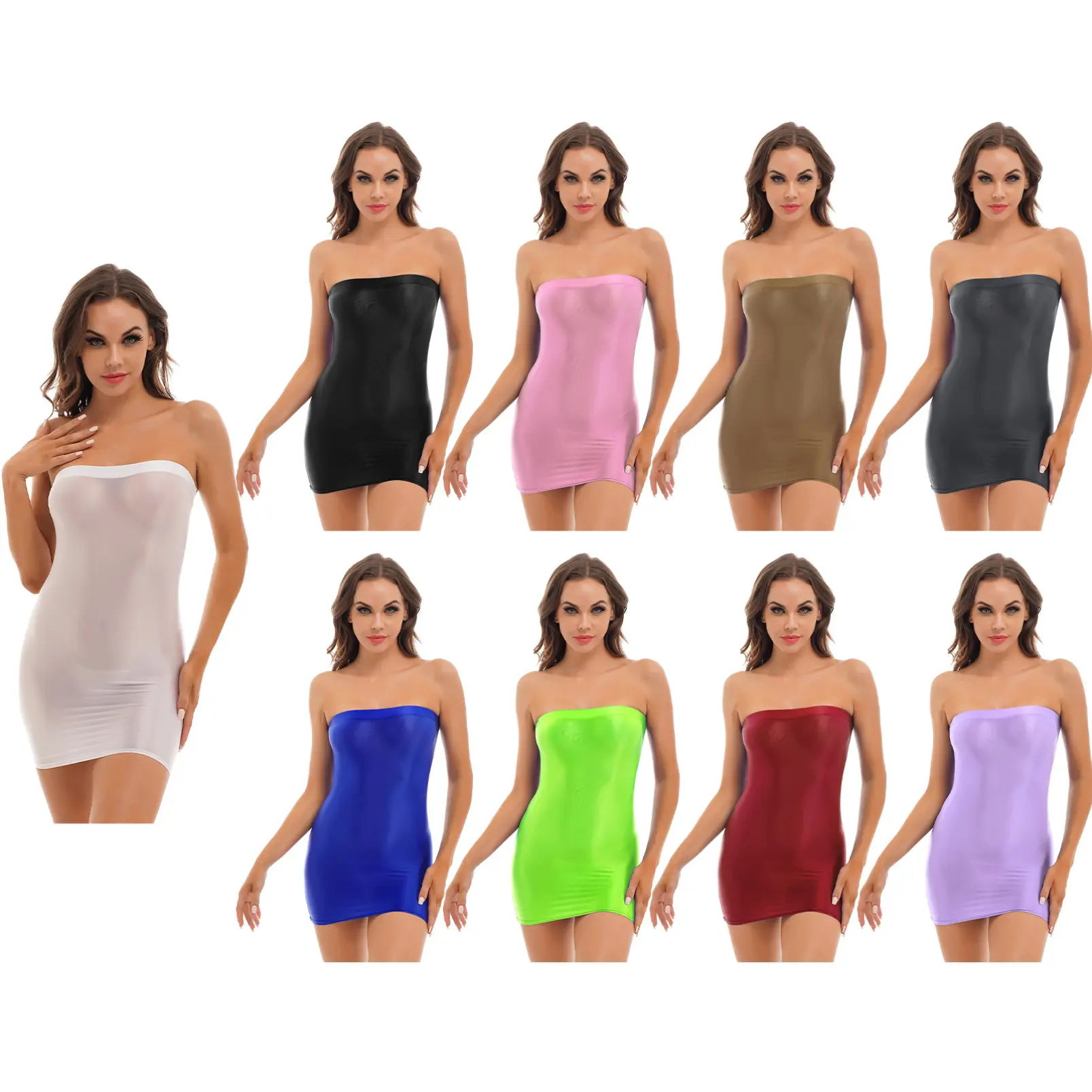 iixpin Womens Glossy Bodycon Dress Sexy Strapless Mini Dresses Rave Pole Dancing Stage Clothes Casual Soft