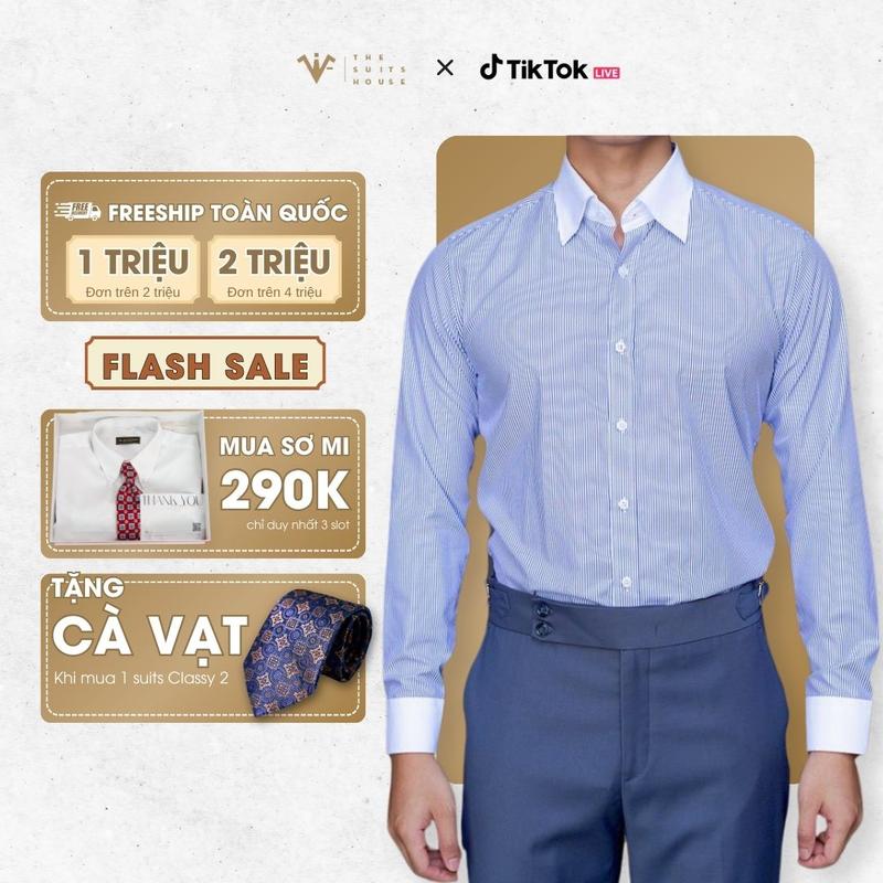 [SMARTSUIT - THE SUITS HOUSE] Sơ mi cao cấp XANH KẺ SỌC WINCHESTER, KHUY HIỆN công sở, thanh lịch, Regularfit tôn dáng