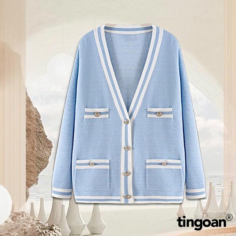 TINGOAN - Áo khoác cardigan len xù xanh nhạt viền trắng RAINBOW BABY CARDIGAN/BABY BLUE