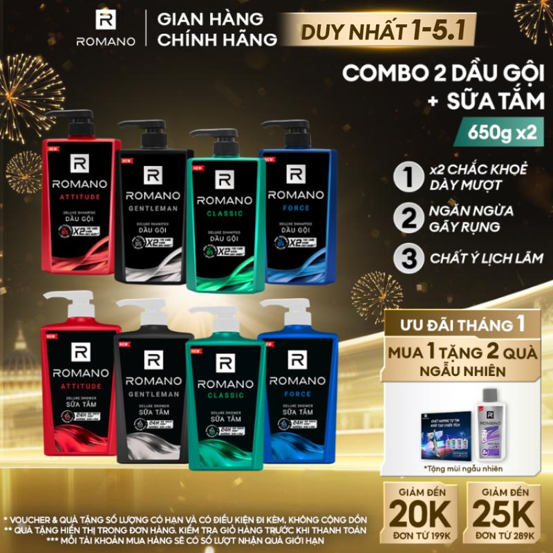   DUY NHẤT 1-5.1  ĐƠN 199K TẶNG 2 QUÀ  Combo Dầu Gội Và Sữa Tắm Dưỡng Thể Cao Cấp cho nam Romano Gentleman 650g chai 