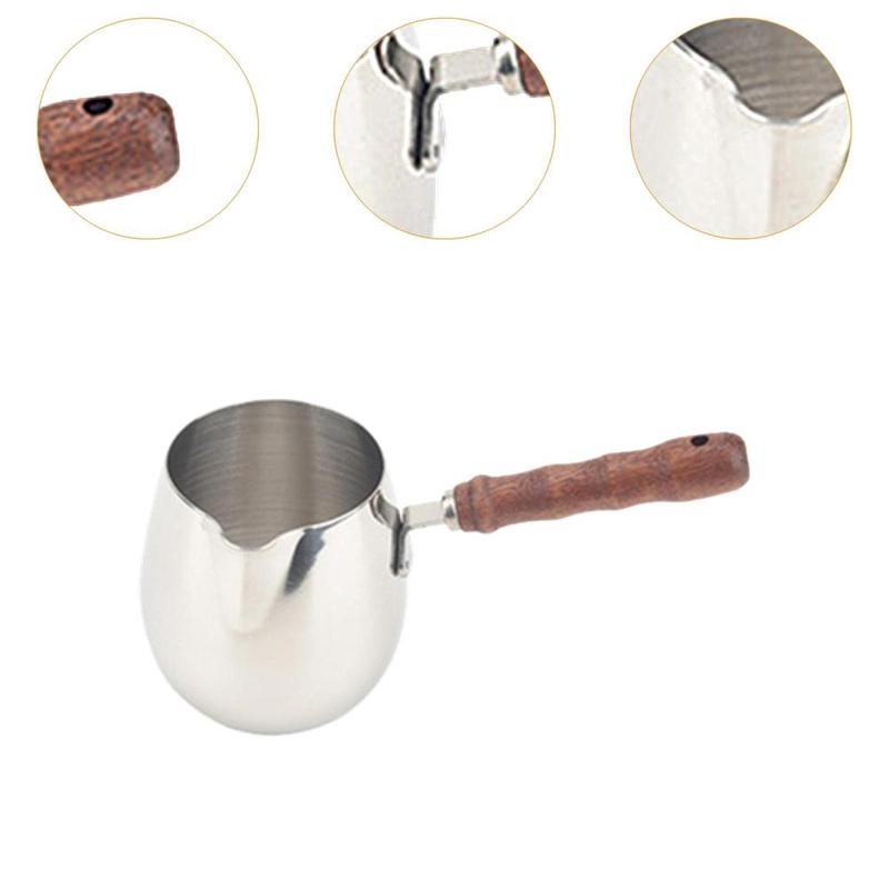 Product Introduction of Stainless Steel Milk Frothing Jug Wooden Handle for Cappuccino Latte Sturdy Heat Resistant Handle Versatile Butter Melting Pot 2