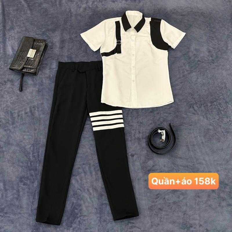 sét quần âu nam 4 xọc trắng+ sơ mi nam tay ngắn cao cấp phong cách boy phố Menswear Áo