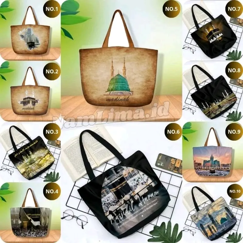 Tas Tote Wanita Bahan Kondura Gambar Printing Edisi KA'BAH AMCO Tas Mukena Sekolah