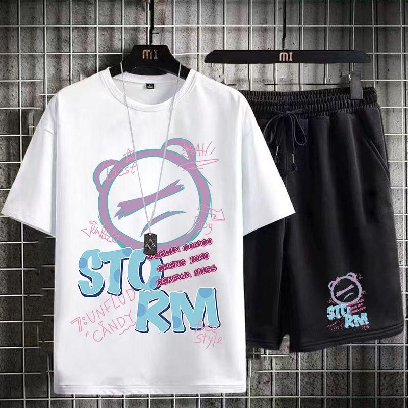 Product Introduction of Casual Sports Suit for Men Summer 2024 New Style Middle School Student Printed T-Shirt Men's Short Sleeve Shorts Trendy 1/2 Piece Fasciitis 26