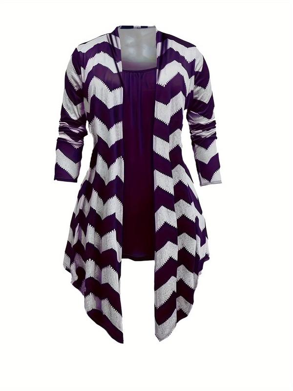 【Plus Size】 Three-Piece Set Chevron Print Open Front Coat & Plain Camisole & Pants, Casual Long Sleeve Outerwear & Sleeveless Top & Trousers for Daily Wear, Women's Three-Piece Outfits for Spring & Fall 3