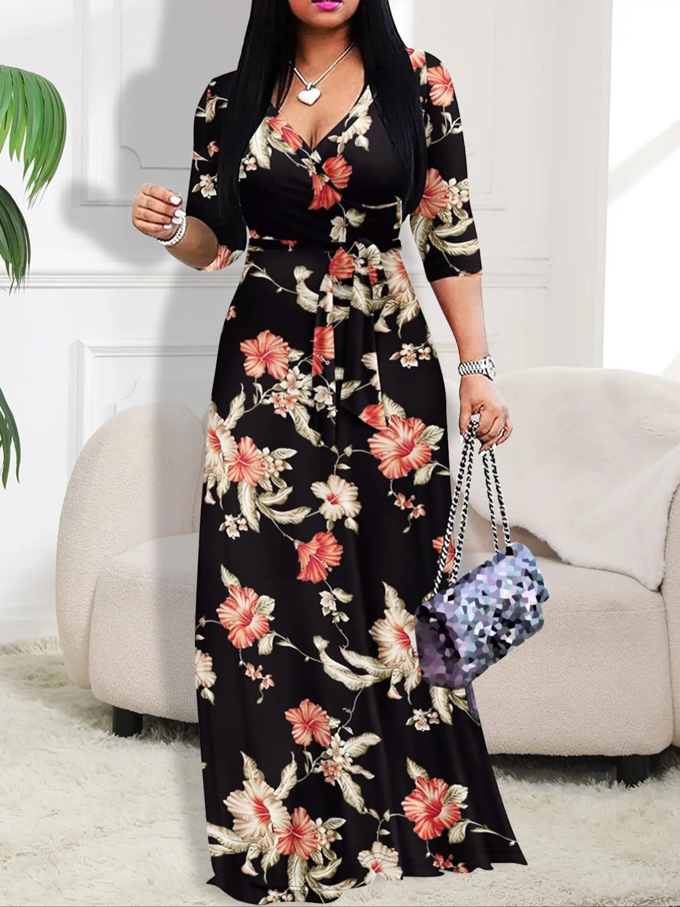 Women's Floral Print V Neck Belted Dress, Elegant Half Sleeve Dress for Daily Wear, Ladies Clothes for All Seasons, Summer Dresses 2025
