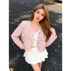 5872 spring tweed top outer wanita kekinian pink korean style coquette lengan panjang jaket outer kondangan wanita blazer batik premium elegant lebaran 2026