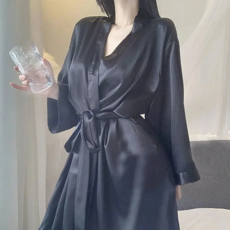Váy Ngủ Mùa Mùa Xuân Và Mùa Thu, Phong Cách Hàn Quốc, Đồ Ngủ Lụa Lạnh Cho Nữ, Mỏng Mùa Hè, Màu Trắng Nhật Bản, Áo Choàng Tắm Quý Cô Trẻ Trung Gợi Cảm, Dáng Rộng Vừa Vặn, Đồ Mặc Nhà 1