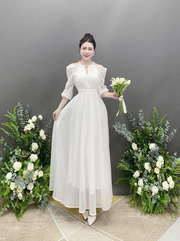 Váy Thiết Kế VQLADY D23 dành cho  Nữ  Đầm thiết kế cổ yếm đính ngọc  chất tơ phù hợp đi chơi và đi dự tiệc Dress Voan Nhung Kem chỉ giặt tay đỏ hồng Voi  đỏ và hồng