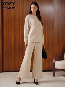 YOZY Women's Solid Asymmetrical Neck Top & Wide Leg Pants Two-piece Set, Casual Bishop Sleeve Top & Elastic Waist Trousers Two-Piece Set for Fall & Winter, Valentine's Day Outfit