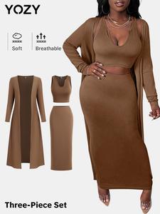 YOZY Women's Skirt Three-Piece Set, Solid Notched Neck Crop Tank Top & Split Hem Bodycon Skirt & Open Front Long Cardigan Set, Casual Fashion Cozy Three Piece Outfits for Daily Outdoor Wear, Women Clothes for Spring Fall