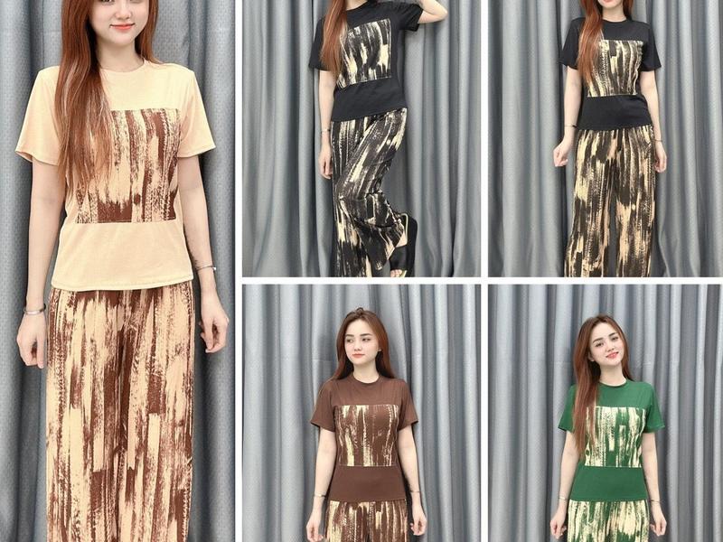 Set Bộ Ống Rộng Thun Gân Tăm Lạnh Dành Cho Nữ Đi Chơi Đi Học Đi làm Ở Nhà, Họa Tiết Mới Lạ, Có Size Từ 45-75kg, Tay Áo Dạng Cộc Ong Women Top