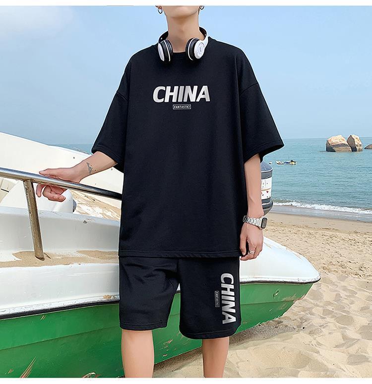 Product Introduction of Summer New Trendy Hong Kong Style Simple Letter Printing Leisure Sports Suit Green Student Short Sleeve Shorts Two Pieces Suit Menswear Overalls Lingerie Formal 23