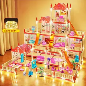 3D DIY Princess Villa Rumah Pink Castle Dengan Slide Yard Lampu& Boneka Mainan Anak Doll House Kit