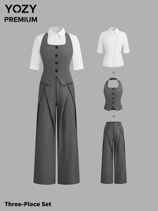 YOZY Women's Solid Halter Top & Pocket Zipper Fly Pants & Half Sleeve Shirt Set, Casual Three-piece Outfits for Work Office Business, Ladies Clothes for All Seasons