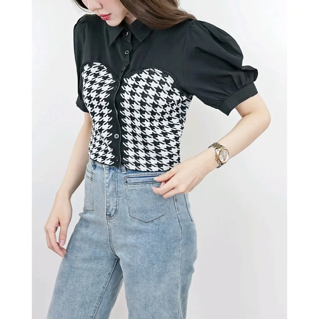 【BISA COD】Houndstooth Premium Knitted Button Blouse Puffy Sleeve Korean style blus rajut wanita lengan penjek jeans