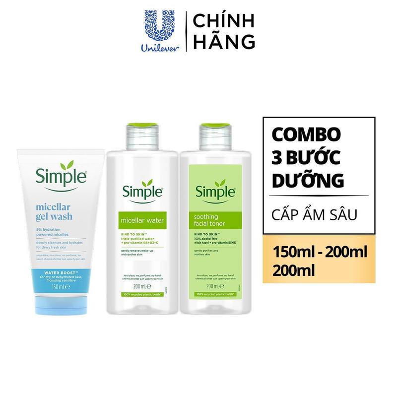 Combo 3 Sữa Rửa Mặt Simple làm sạch, cấp ẩm sâu đa tầng 150ml, Nước hoa hồng SIMPLE không chứa cồn, dưỡng ẩm và cân bằng độ ẩm 200ml và Nước tẩy trang Simple 200ml [2]