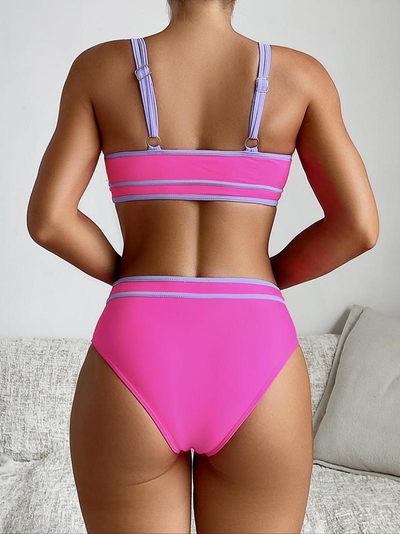 Product Introduction of Women's Solid Color U Neck Bandeau Bra & High Waist Panty Bikini Set, Casual Fashion Chic Swimsuit Set for Beach Holiday Vacation, Ladies Swimwear for All Seasons 2