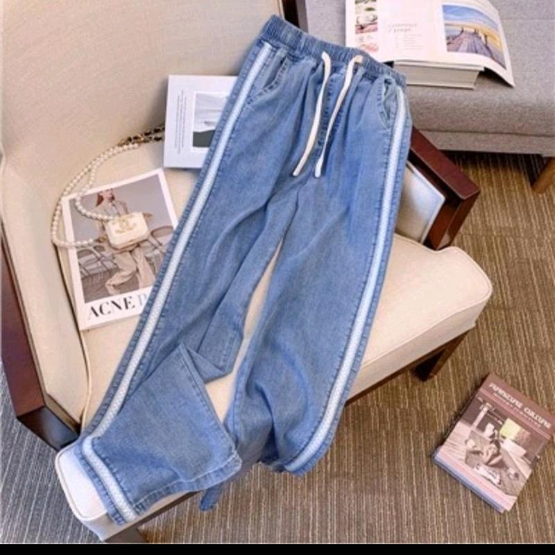 Quần nữ dài ống xuông lưng thun dây rút vải jean giấy lụa dũ viền thể thao .