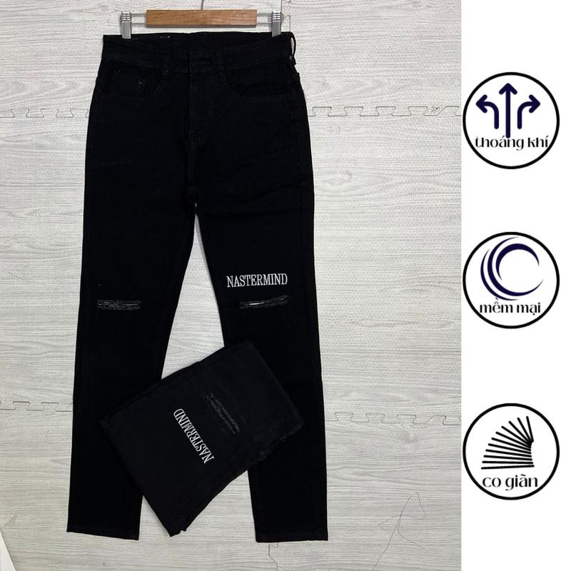QJD86 Quần jean nam màu đen ránh gối thêu chữ có lót, Quần bò dáng skinny ống côn đẹp rẻ
