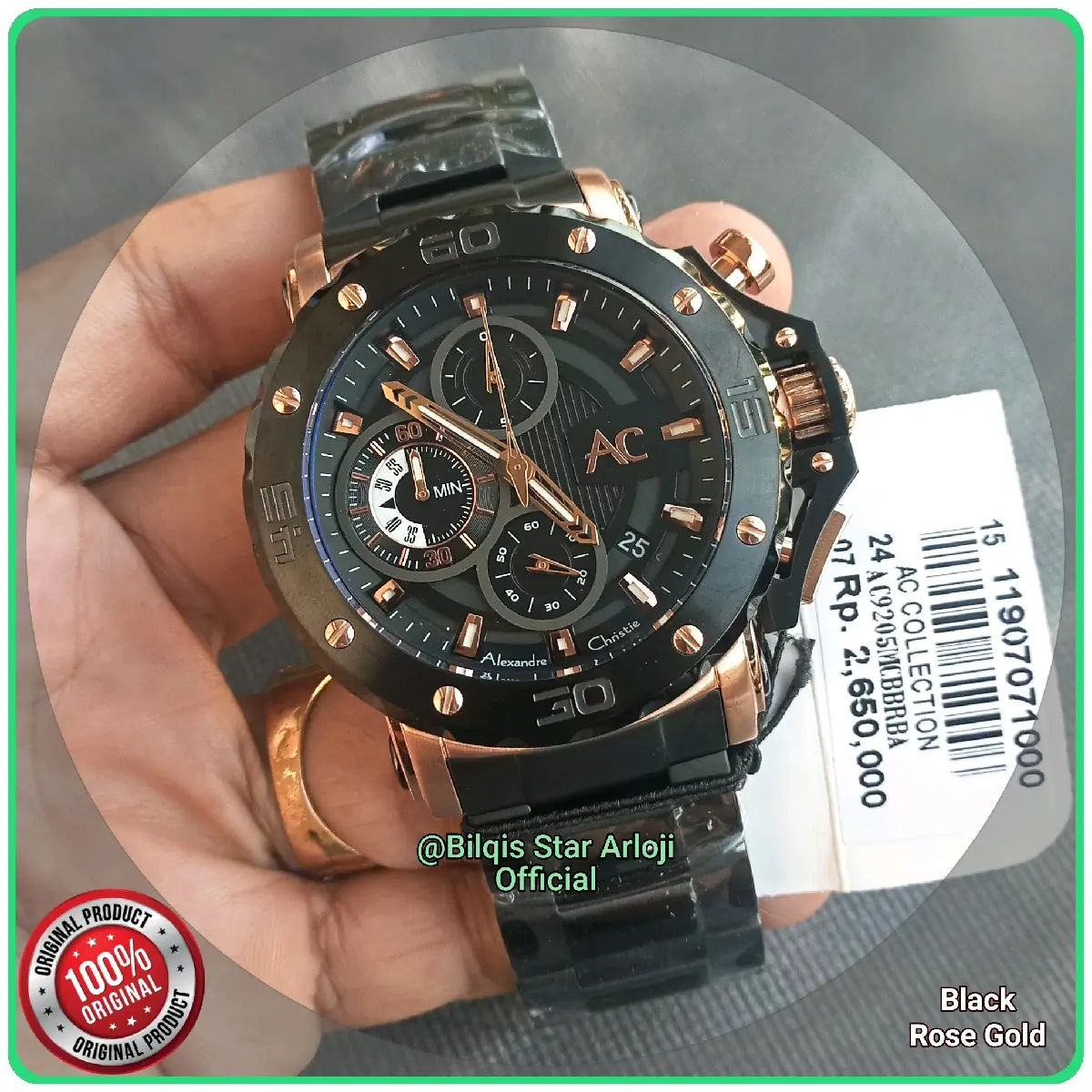 Alexandre Christie Collection AC 9205 Mc Tali Rantai Black Rose Gold Original