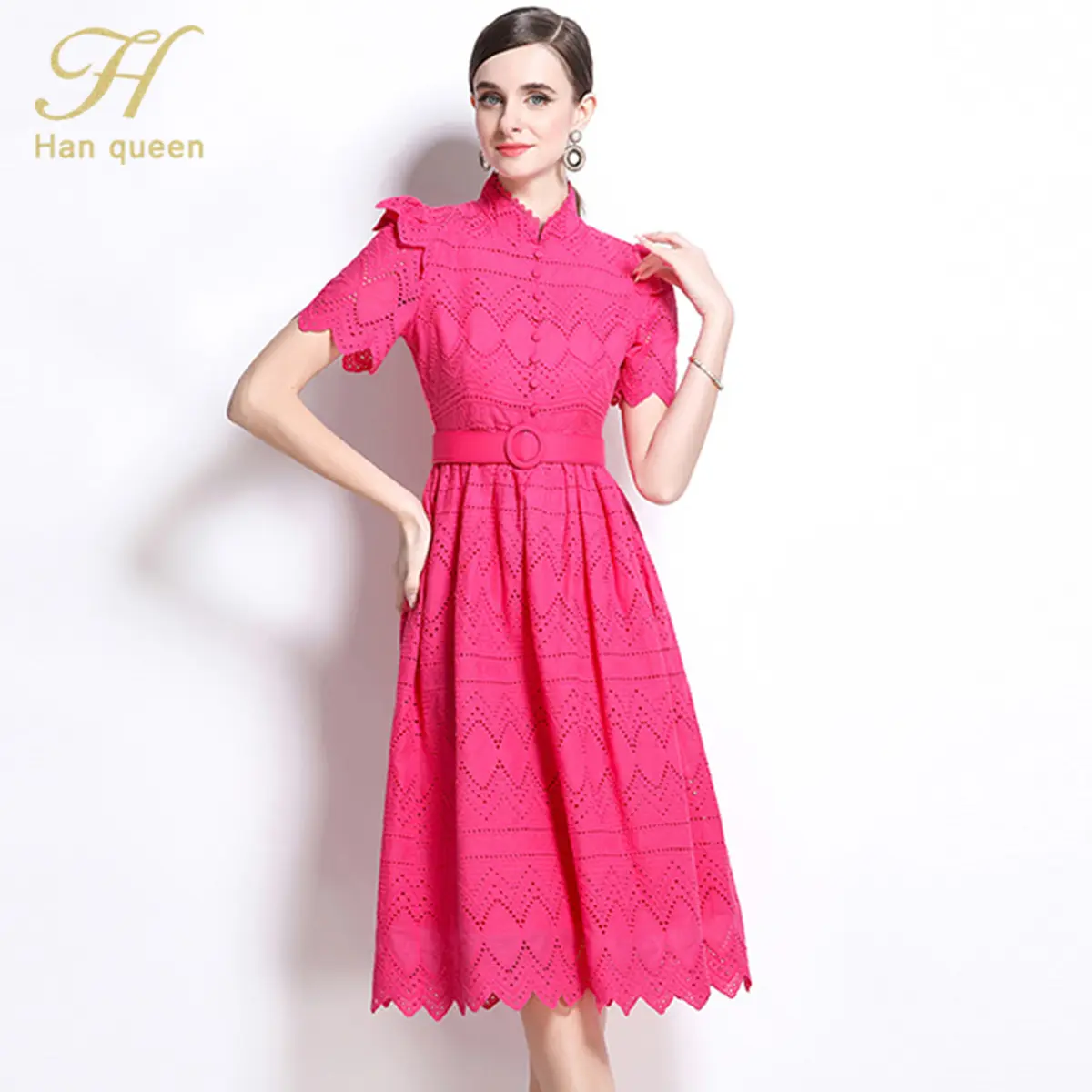 H Han Queen summer French vintage casual lace dress single Breathe hook  flower hollow fashion slim embroidery long dresses - TikTok Shop Philippines