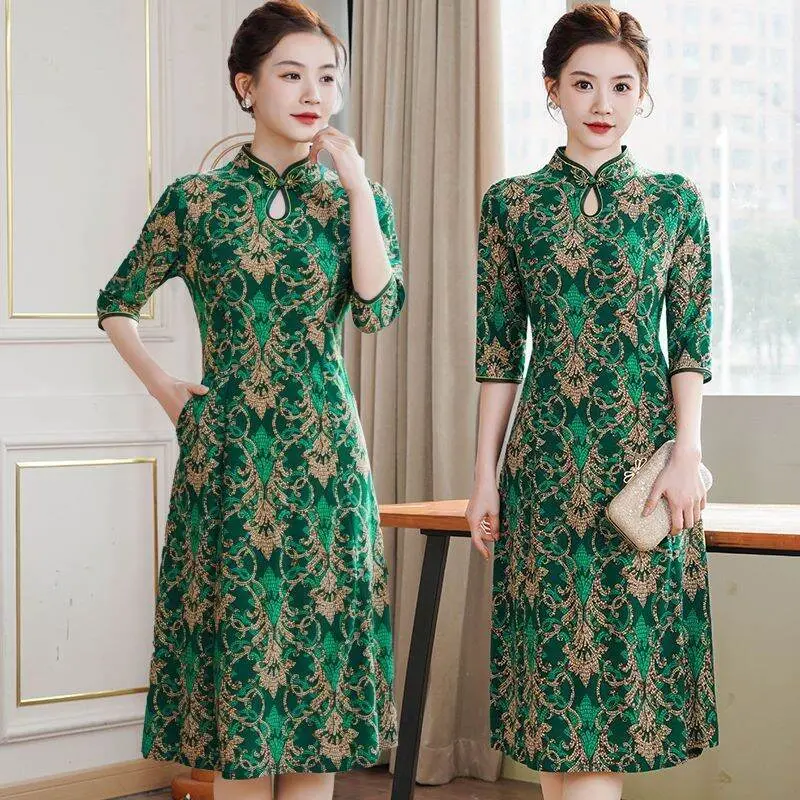 Chinese Style women plus size floral cheongsam Chinese style short sleeve retro cheongsam dress