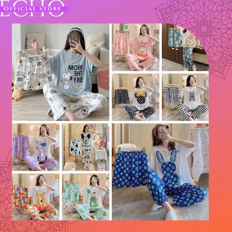 ECHO B17-B18 - PAKAIAN WANITA BAJU TIDUR 3 IN 1 WANITA PIYAMA SET LENGAN PENDEK CELANA PANJANG DAN PENDEK MOTIF KARTUN LUCU SETELAN TIDUR PAKAIAN RUMAH WANITA IMPORT