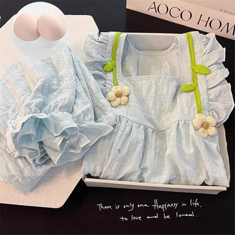 Bộ Đồ Ngủ Cho Nữ, Bộ Sưu Tập Mùa Xuân Và Mùa Thu, Chất Liệu Cotton Nguyên Chất, Phong Cách Ins, Thiết Kế Hoa Màu Xanh Ngọt Ngào Dài Tay, Thích Hợp Cho Mùa Thu Và Mùa Đông Mới, Có Đệm Ngực, Đồ Mặc Nhà Women Voi Voan Áo Sen