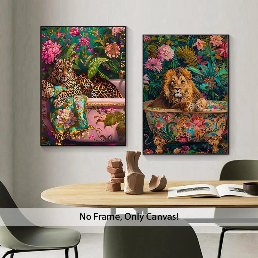 Lion & Leopard & Bathtub Pattern Unframed Painting, 2 Counts/set Modern Style Wall Art, Wall Decor for Home Living Room Bedroom, Ornaments, Flowers
